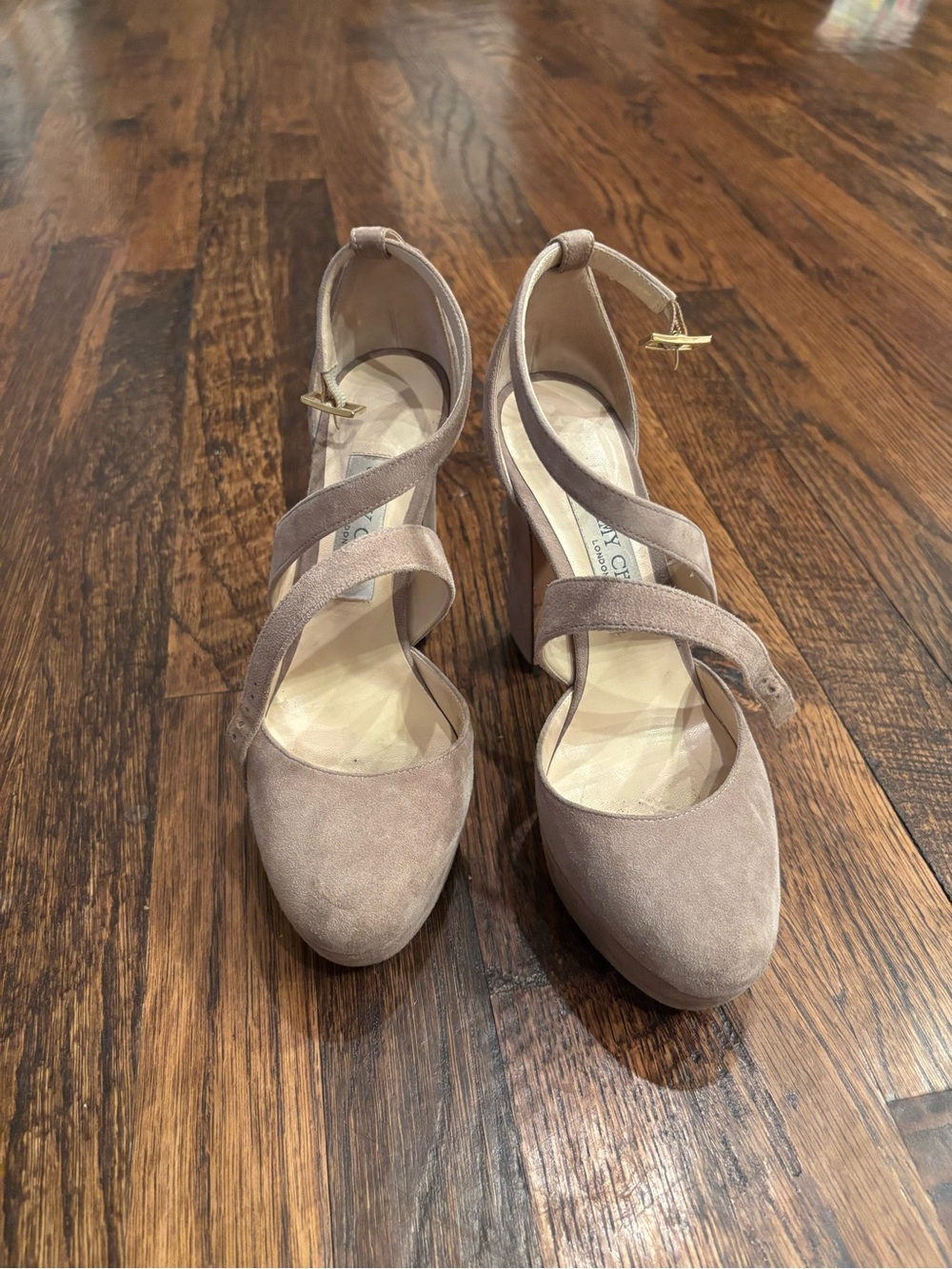 Jimmy Choo Taupe Suede Cross-Strap Block Heel Pumps